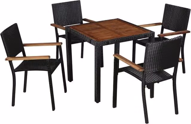 Berkfield Home 5 Piece Outdoor Dining Set in Black Poly Rattan and Oiled Acacia Wood