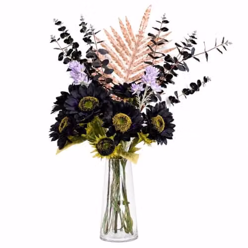 Leaf Design UK Mixed Purple Sunflower and Gold Artificial Floral Display with Round Glass Vase, Height: 80 cm – 1