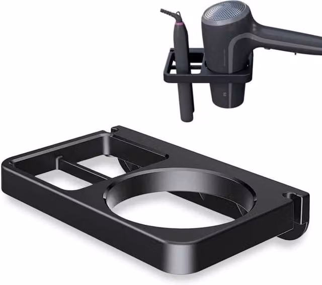 KORVIXA Black Wall Mounted Plastic Hair Dryer Holder and Bathroom Organiser
