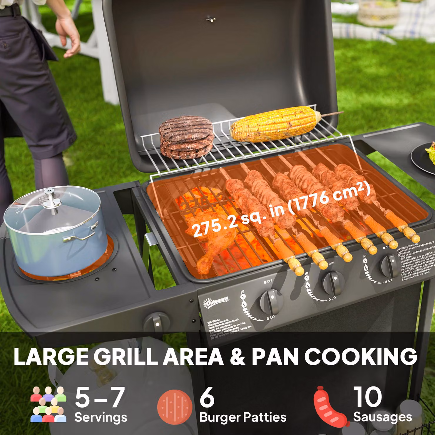 Outsunny 3+1 Burner Gas BBQ Grill and Smoker with Built-in Thermometer, Side Burner, Warming Rack and Wheels, Black – 4