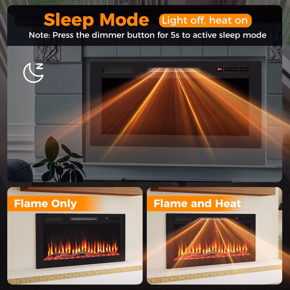 Costway Recessed 36 inch Electric Fireplace Wall Mounted Heater with Sleep Mode in Black – 9