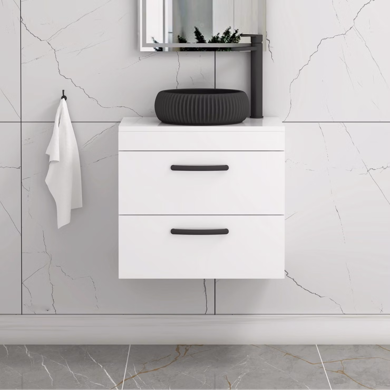 Royal Bathrooms Turin 800mm Wall Hung Vanity Unit with 2 Drawers and Milan Black Countertop Basin in Gloss White