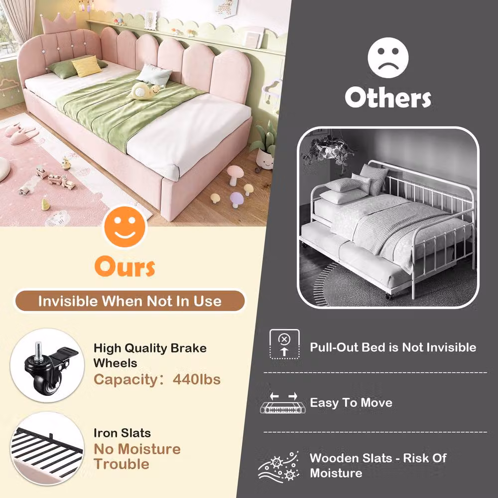 Matteo Pink Velvet Crown Daybed with Pull-Out Trundle, 3FT Single Guest Bed, W: 90 cm, L: 190 cm – 3