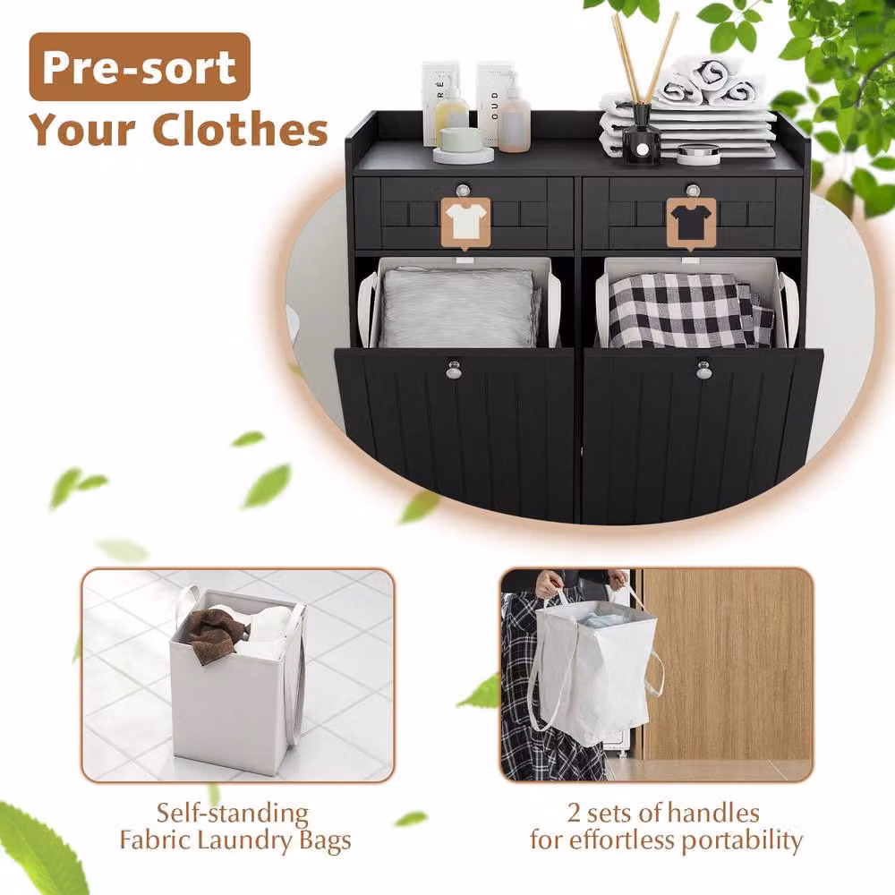 Costway Black Tilt-Out Laundry Hamper Cabinet and Bathroom Storage Unit with 2 Drawers – 8