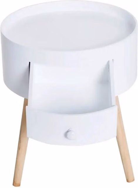 FORGEVIO Vintage Round Side Table with Drawer in White