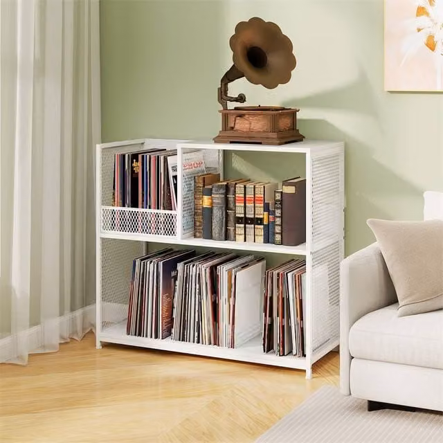 EONLION 3-Tier Record Player Stand and Vinyl Display Rack in White, W: 50 cm, H: 76 cm, D: 50 cm