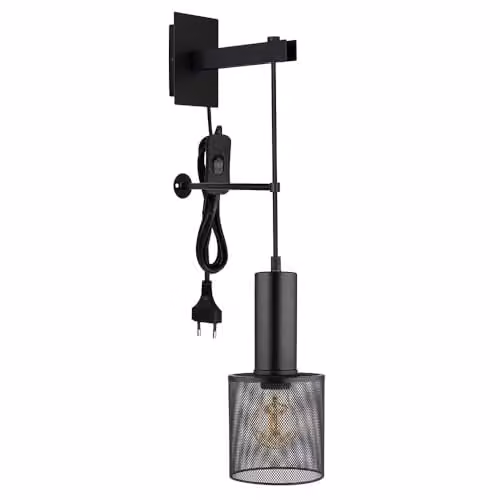Globo Lighting Black Matt Cylinder Wall Lamp with Cord, Height: 60 cm