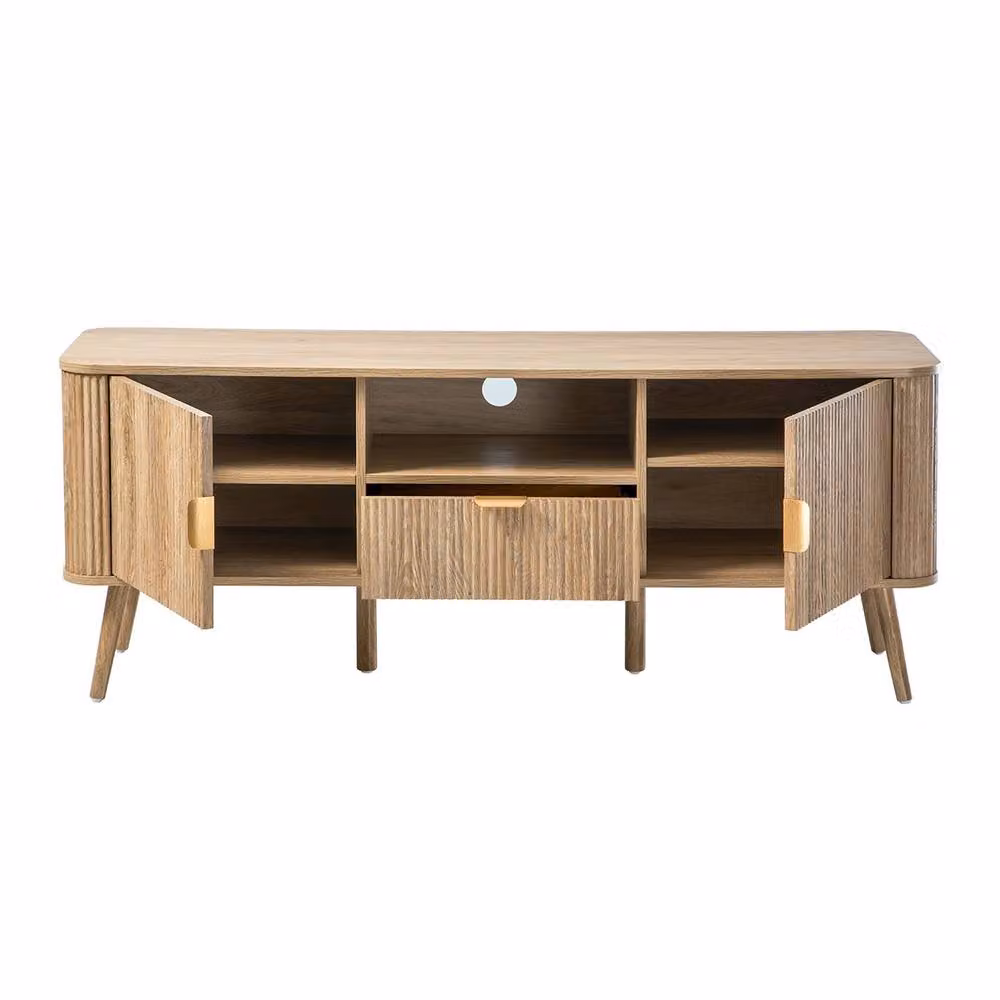 CALICOSY TV Stand with 2 Doors and Rounded Slat Fronts, Oak Effect, Light Brown, W: 140 cm, D: 39 cm, H: 56 cm – 2