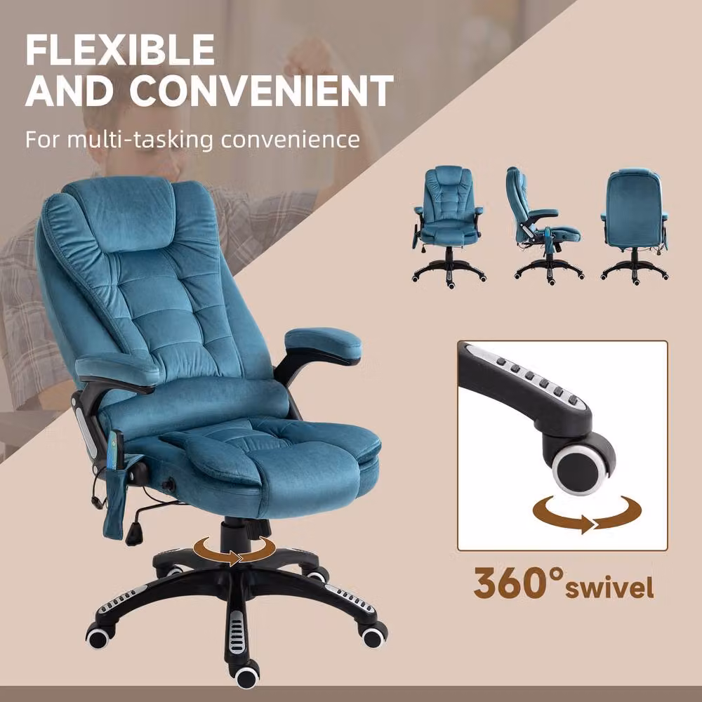 ERGOVEXA Blue Velvet Heated Massage Recliner Executive Office Chair with 360 Degree Swivel and Armrests – 6