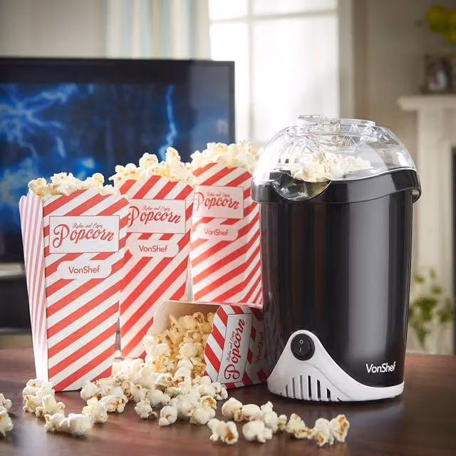 VonShef 1200W Hot Air Popcorn Maker with 6 Boxes in Black