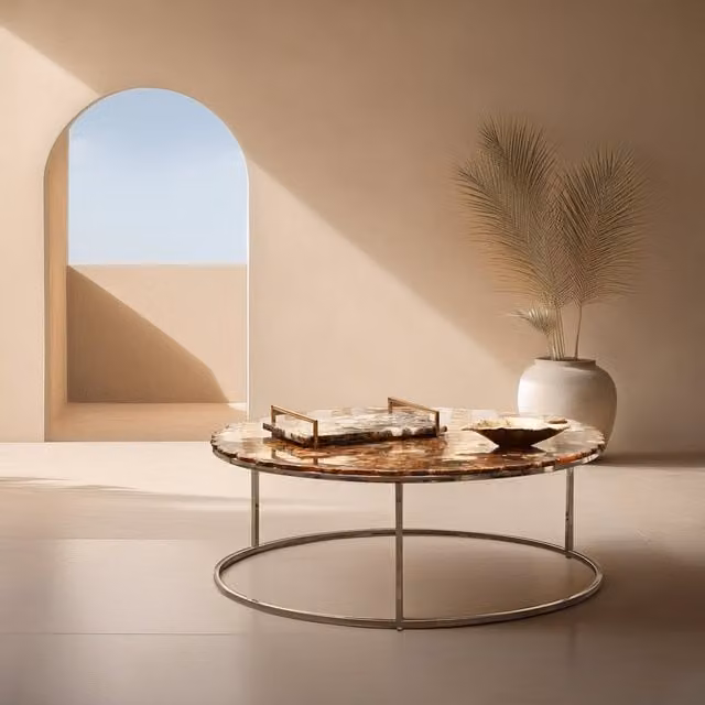 Fifty Five South Relic Agate Top Round Coffee Table in Natural Stone with Silver, Orange and Brown Accents