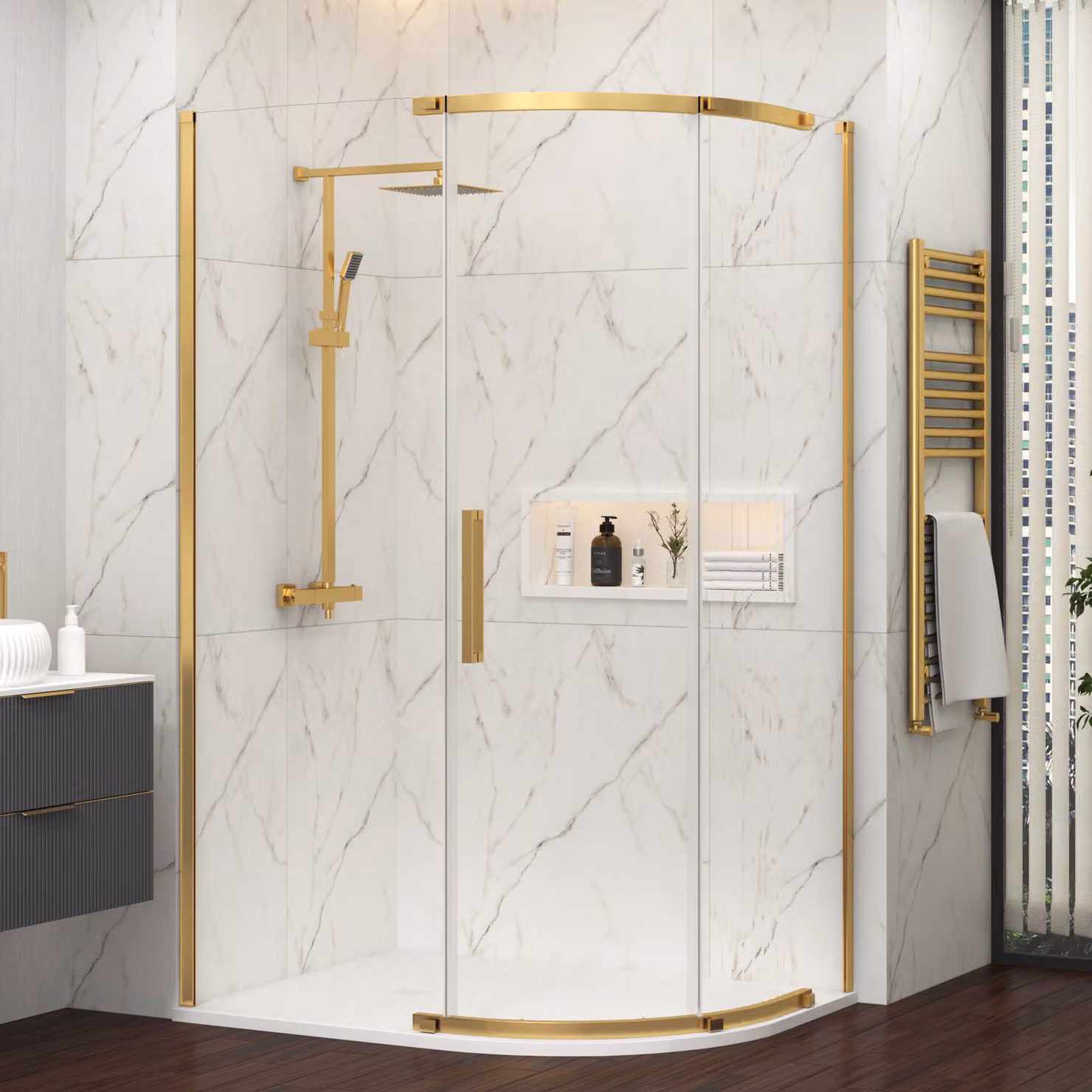 Royal Bathrooms Chelsea Single Door Offset Quadrant Shower Enclosure with White Mineral Cast Stone Tray, Brushed Brass, W: 120 cm, D: 80 cm, H: 195 cm