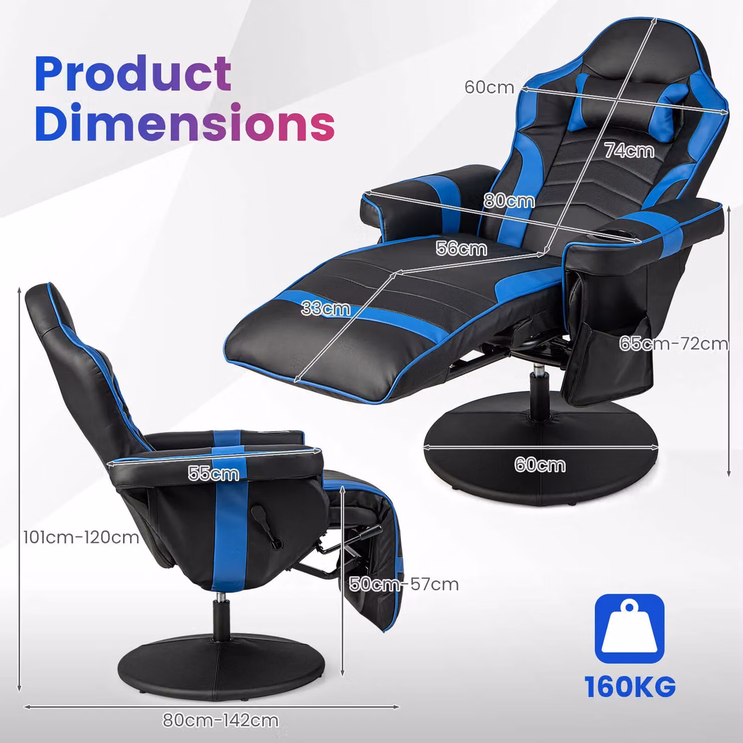 Gymax Blue PU Leather Massage Gaming Chair with Adjustable Height, Swivel Recliner and Headrest – 2