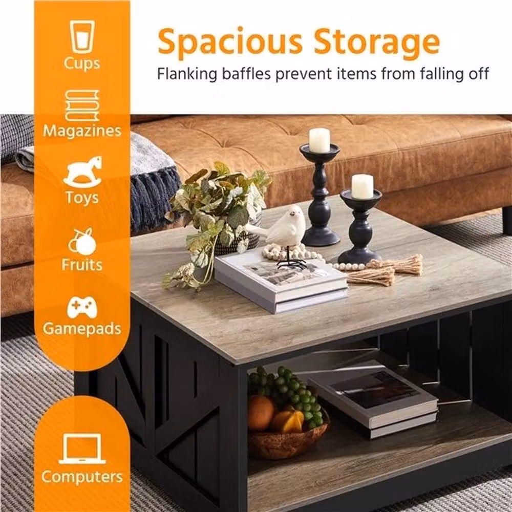 KORVIXA 2-Tier Square Wood Coffee Table in Black and Grey, W/D/H: 80 x 45 x 90 cm – 4