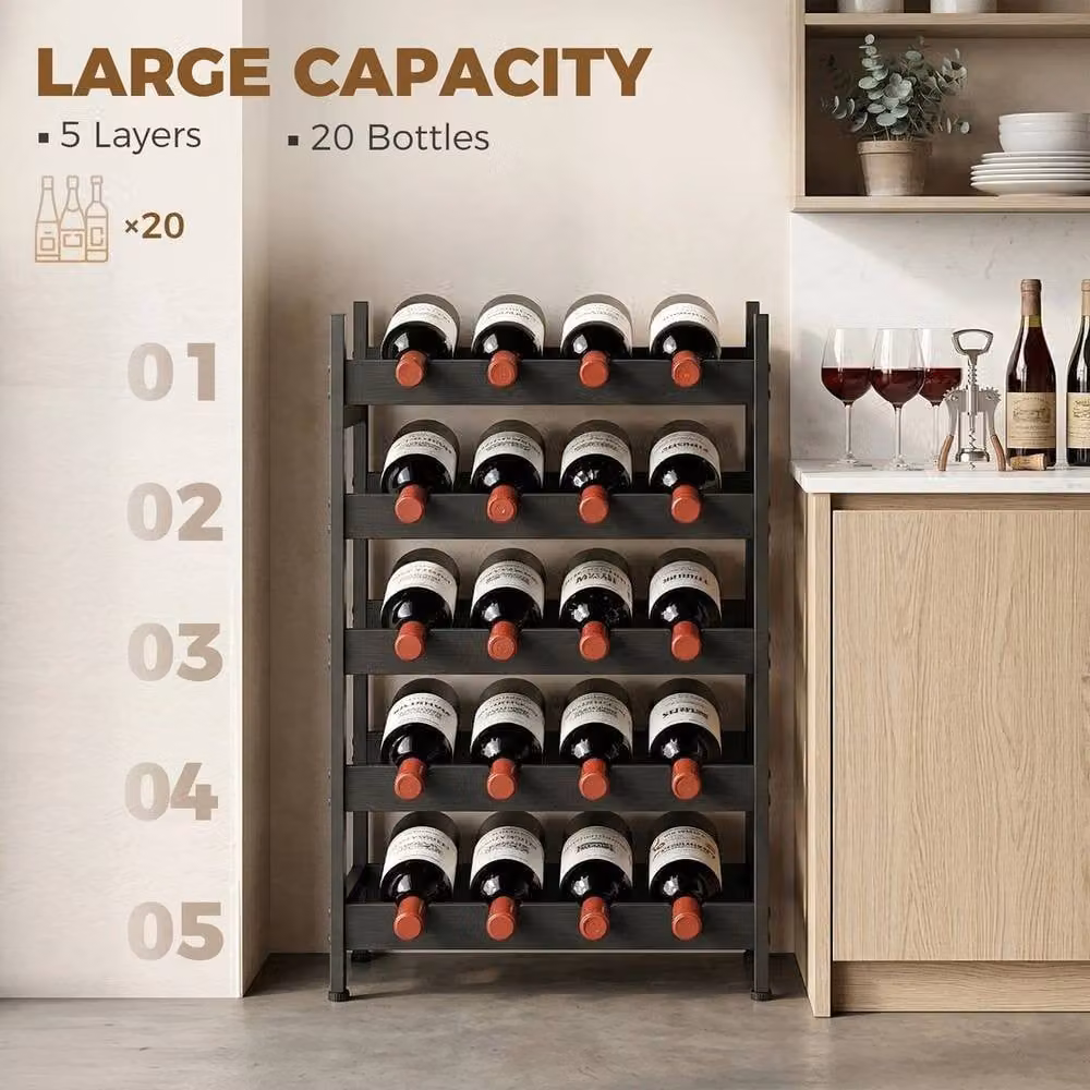 FORGEVIO Freestanding 5-Tier Wine Rack with 20-Bottle Capacity in Black – 5