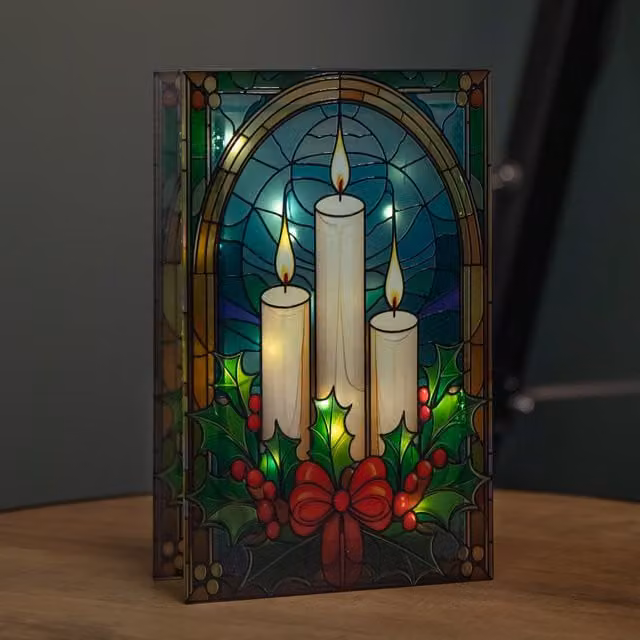 Samuel Alexander Stained Glass Christmas Tabletop Decoration with Candles, Holly and Warm White LEDs, Multicolour, Height: 21 cm