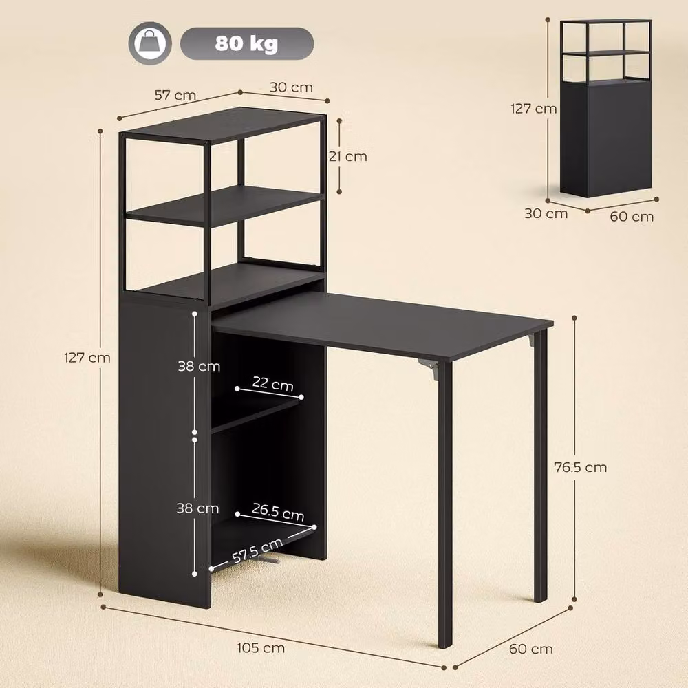 EONLION Black Foldable Office Desk with 4-Tier Shelves – 2