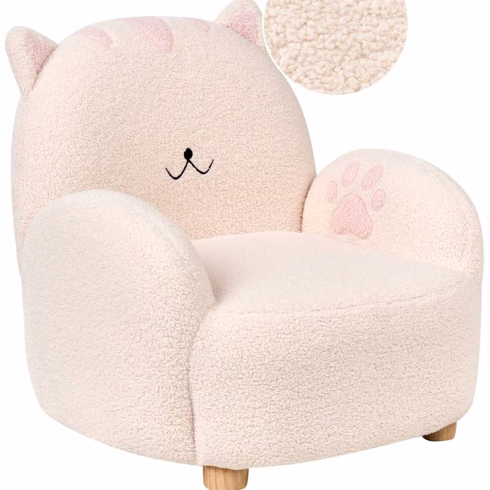 Wyld and Coco Cat Shaped Kids Armchair in Off-White Bouclé with Rubberwood Frame – 2