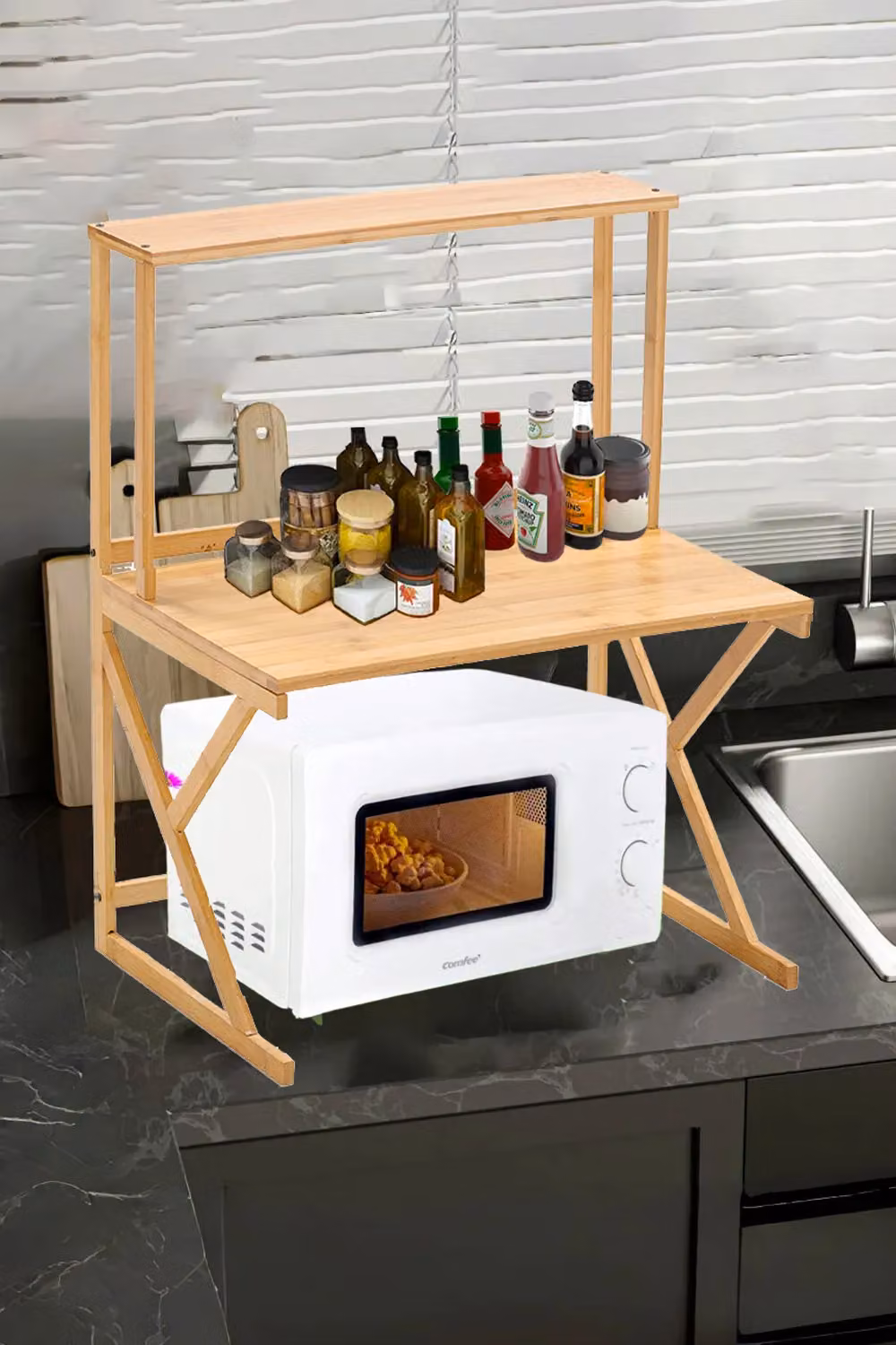 Living and Home 2-Tier Bamboo Microwave Oven and Spice Rack Organizer in Natural – 2