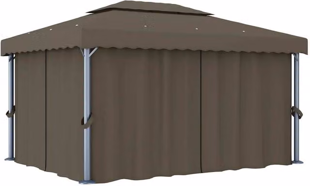 Berkfield Home Gazebo with Curtains and LED String Lights, Taupe, W: 4 m, D: 3 m