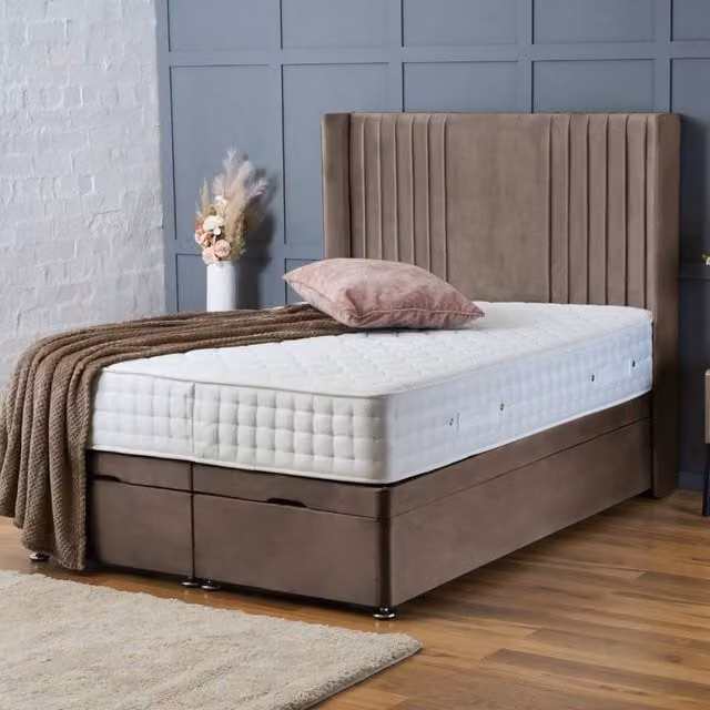 BSSPOKE Charlotte Ottoman Divan Bed in Taupe Beige Plush Velvet with 54 inch Headboard, W/D/H: 140 x 200 cm