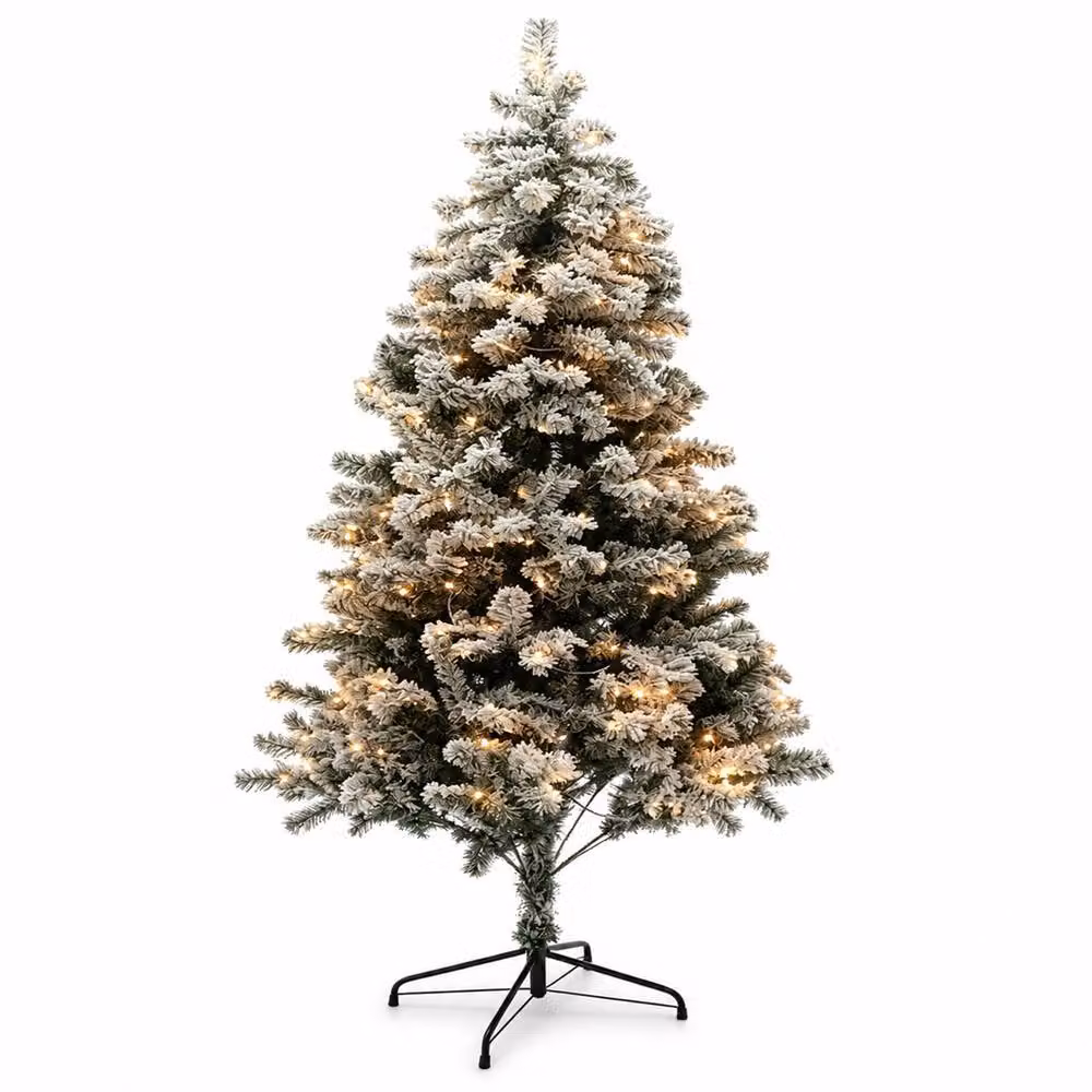 Gr8 Home 7ft Snow Flocked Pre-Lit Christmas Tree with Warm White LED Lights in Green – 2