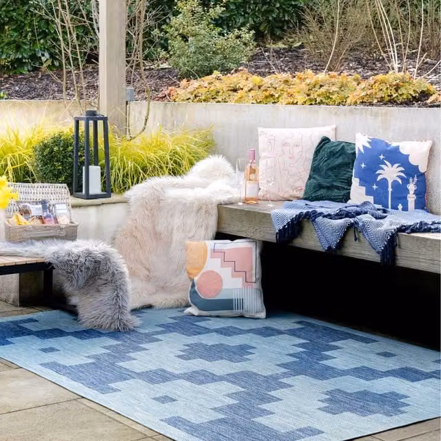 The Rug House Geometric Pattern Flatweave Indoor Outdoor Rug in Blue, W: 230 cm, D: 160 cm
