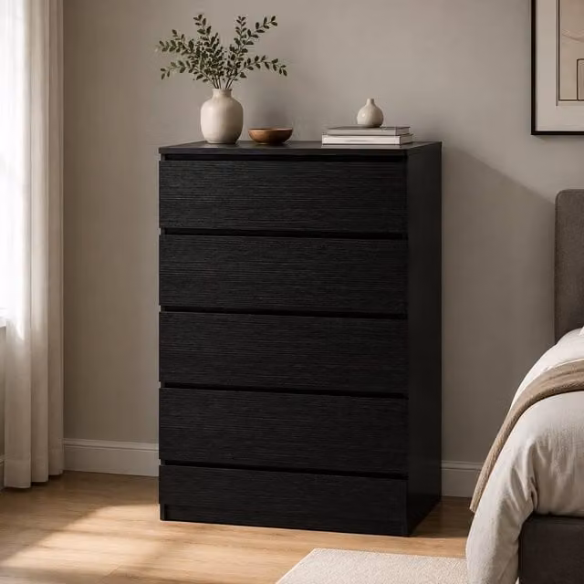 STILVORA Black 5 Drawer Chest of Drawers