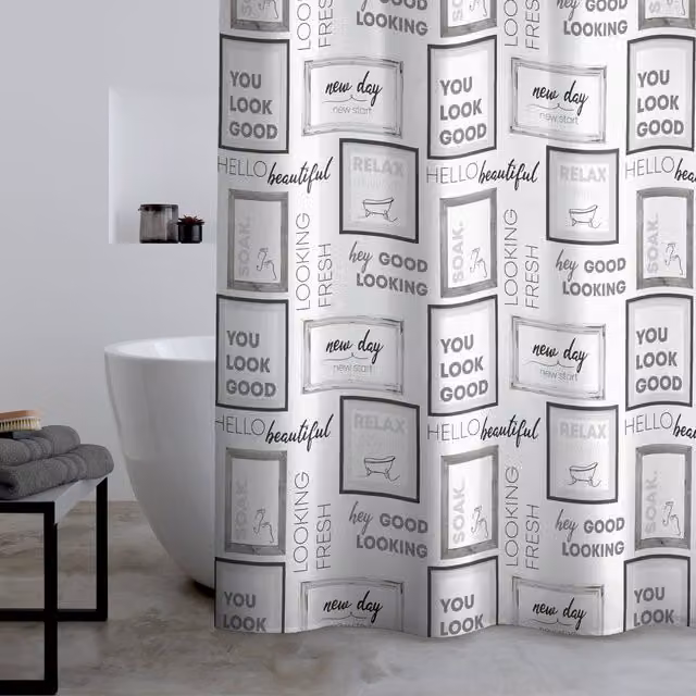 Catherine Lansfield Relax And Unwind Polyester Shower Curtain in Grey and Black