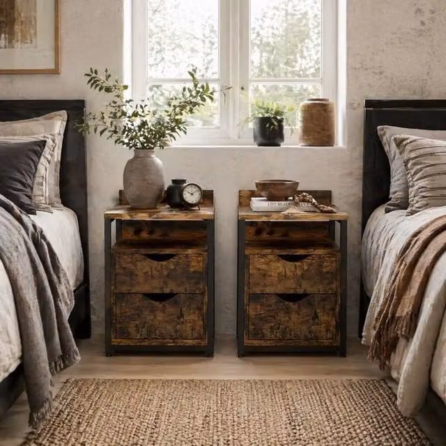 Wyld Haus Dikedo Set of 2 Industrial Bedside Tables in Brown and Black with 2 Drawers and Shelf