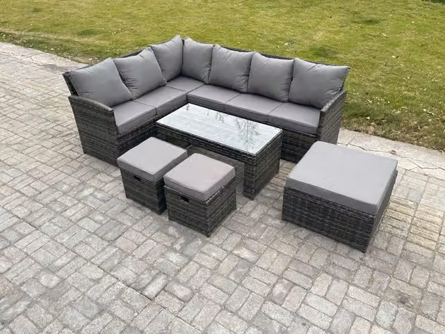 Fimous 9 Seater Rattan Garden Furniture Set in Dark Grey with Corner Sofa, Oblong Coffee Table and 3 Footstools