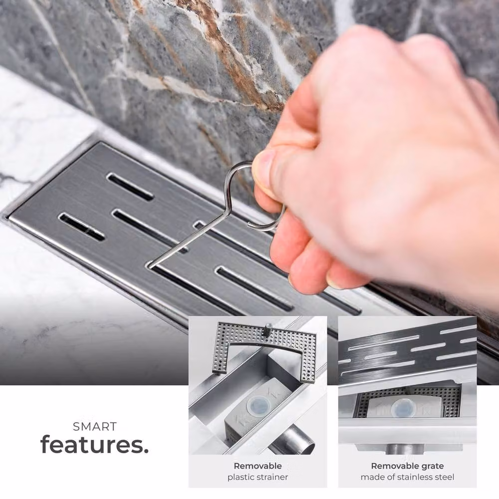 tectake Linear Channel Drain in Grey and Silver with Odour Trap and Hair Filter, Length: 100 cm – 3