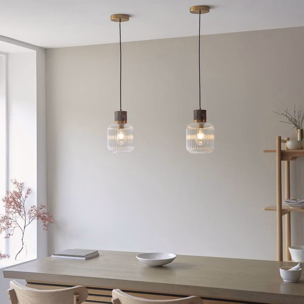 Netlighting Travi Ribbed Slim Pendant Light in Brown and Vintage Brass with Transparent Glass and E27 Socket – 2
