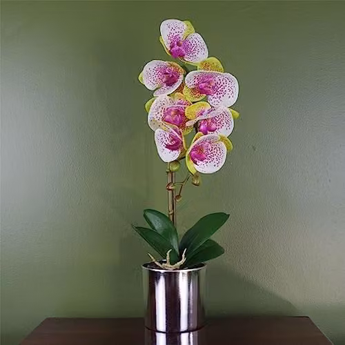 Leaf Harlequin Pink Artificial Orchid in a Silver Pot, Height: 46 cm