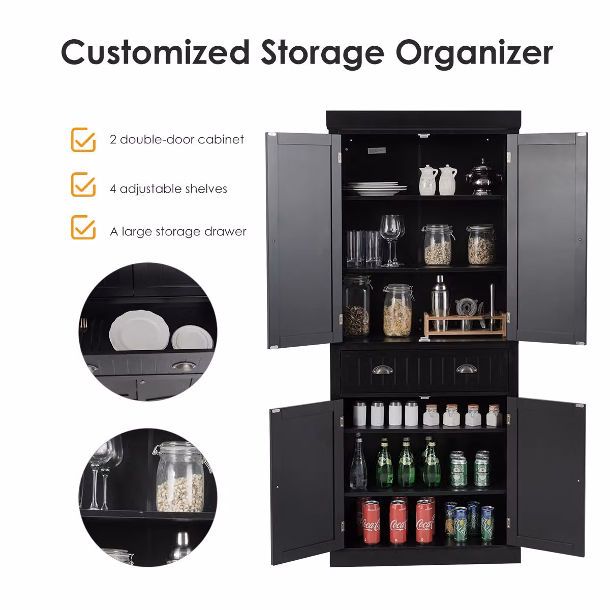Gymax Modern Black Kitchen Pantry Cabinet with 2 Hinged Doors and Internal Drawers, Height: 183 cm – 5