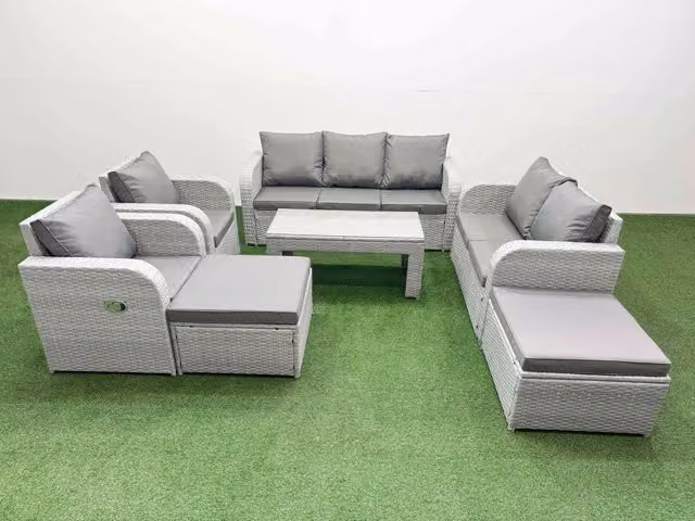 Fimous Grey PE Rattan Garden Furniture Set with 2 Seater Sofa, 2 Adjustable Chairs, Rectangular Coffee Table and 2 Footstools