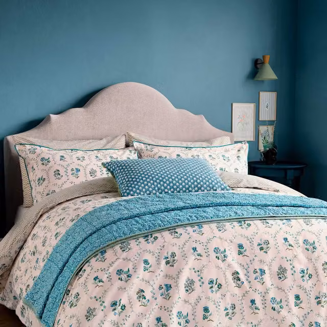 Land & Shore Ella's Cross Stitch Single Duvet Cover and Pillowcase Set, Green Cotton Percale, 90 x 190 cm