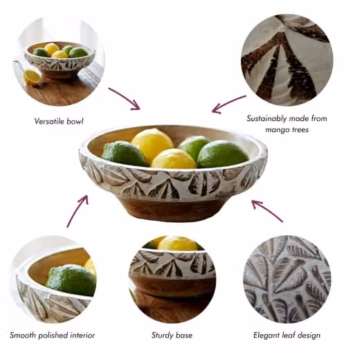 Paper High Antique White Leaf Design Mango Wood Serving Bowl – 2