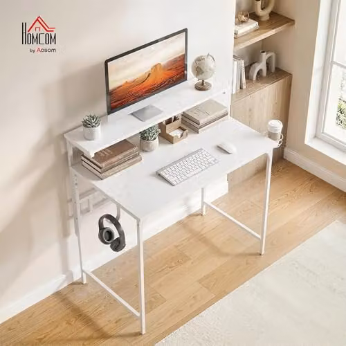 HOMCOM White Computer Desk with Adjustable Tabletop Shelf and Cup Holder – 2