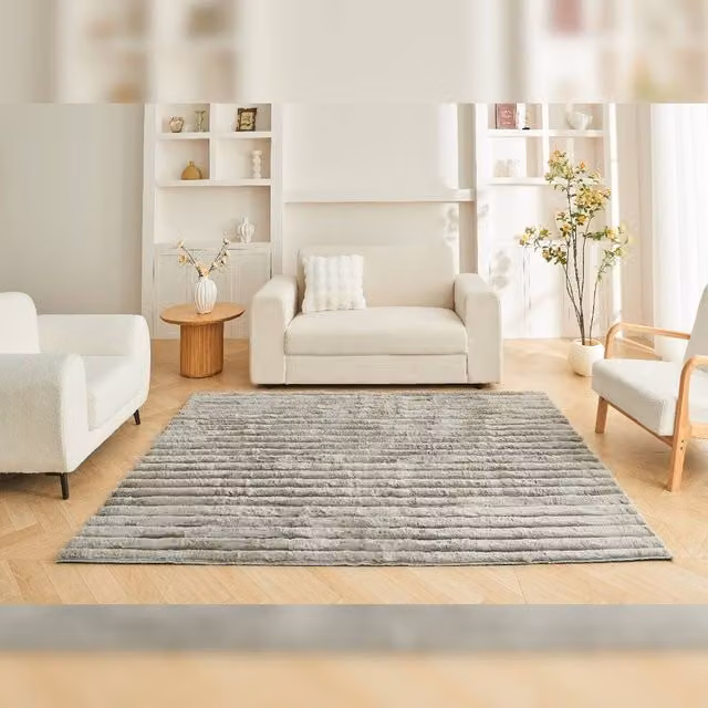 Home Luxe Interior Silver Grey Ribbed Rug, Soft Deep Pile Polyester Bedroom Carpet, W: 80 cm, L: 150 cm