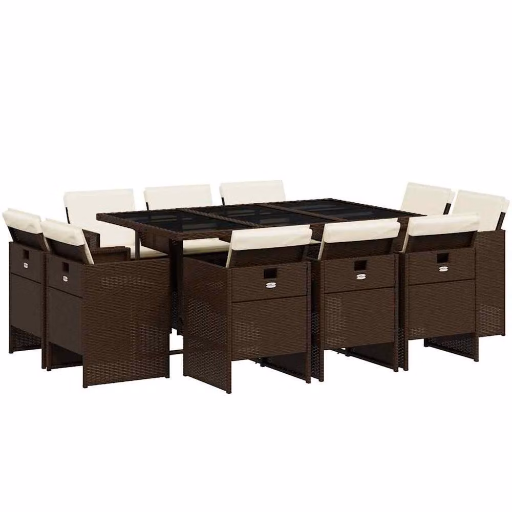 Berkfield Home 11 Piece Brown Poly Rattan Garden Dining Set with Cushions – 2