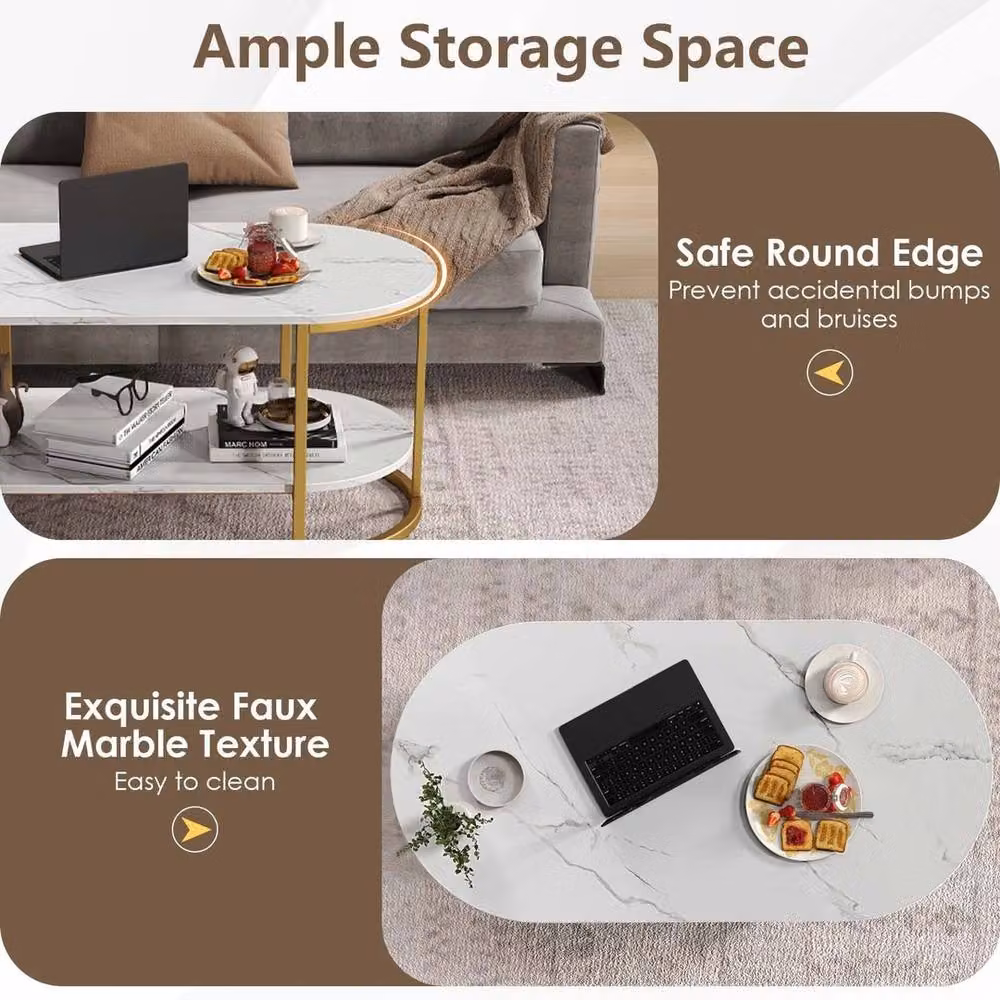 FORGEVIO Modern 2-Tier Living Room Centre Table with White Faux Marble Oval Top and Metal Sled Base – 3