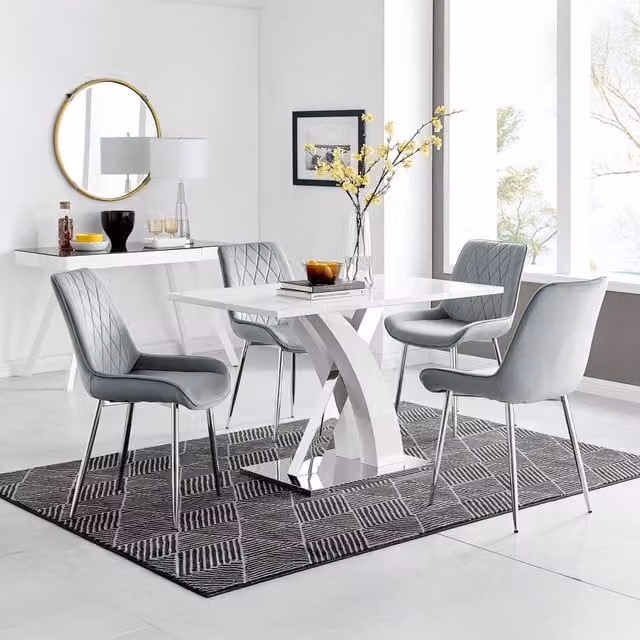 FurnitureboxUK Atlanta White High Gloss 4 Seater Dining Set with X-Frame Table and 4 Grey Pesaro Velvet Chairs – 1