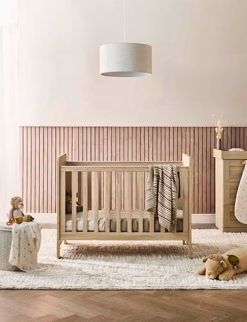 Mamas & Papas Atlas Small Cotbed in Light Oak Brown with Drop Side and Solid Wood Construction