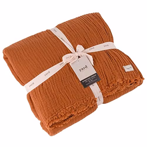 Riva Home Woven Cotton Muslin Throw with Fringes in Brown and Orange, W/D/H: 240 x 260 cm – 2