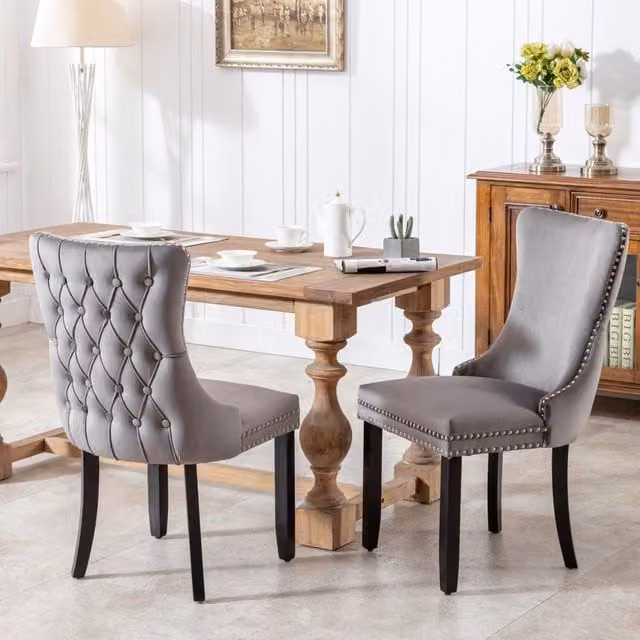 HomeTouch Sierra Set of 2 Grey Velvet Tufted Wing Back Dining Chairs with Oak Wood Legs