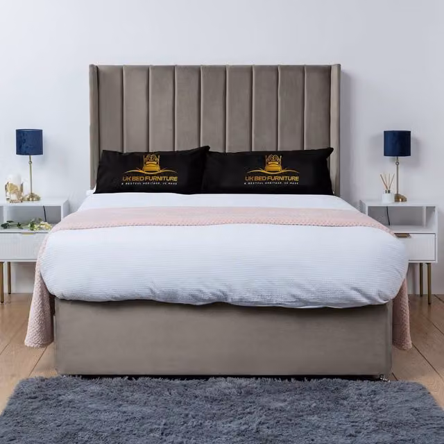 UK Bed Furniture Bella Wingback Divan Bed Base with 54 Inch Headboard, Beige Velvet Fabric, W/D/H: 180 x 200 cm