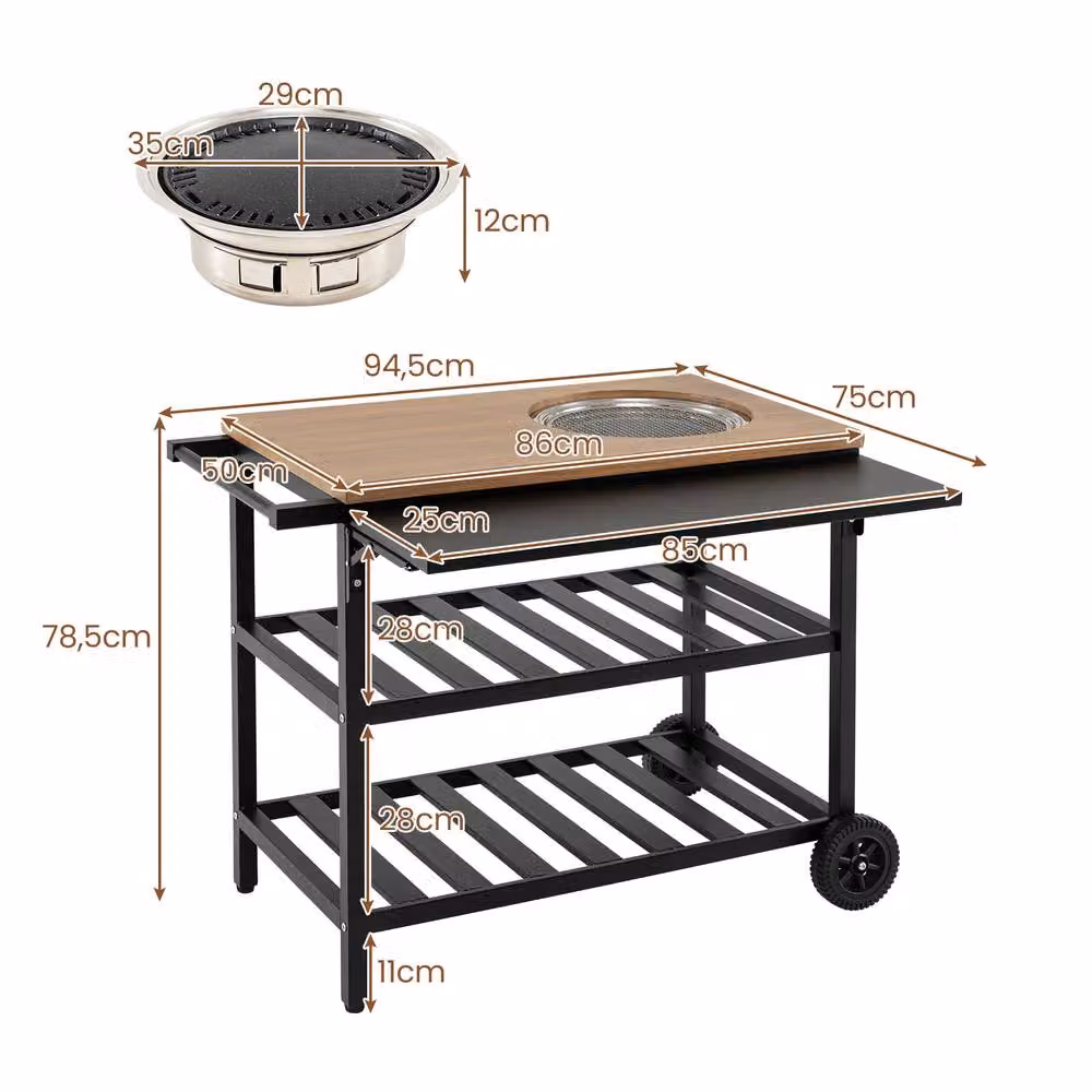 Costway Multicolour Metal Dining Cart with Korean BBQ Grill and 2 Shelves, W/D/H: 86.36 x 50.8 x 78.5 cm – 2
