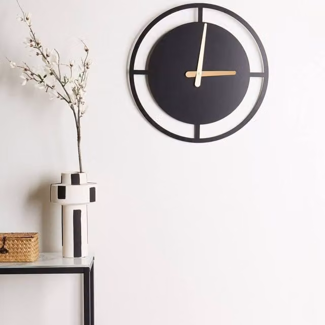 Wyld and Coco Nexa Modern Round Wall Clock with Black Metal Ring and Gold Hands, Diameter: 40 cm – 1