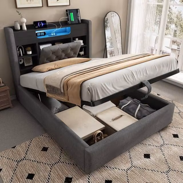 ModernLuxe Grey Fabric Ottoman Storage Bed with LED Under-Bed Lighting and Storage Headboard, W/D/H: 140 x 200 x 115 cm